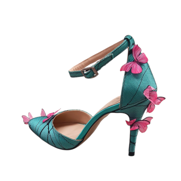 Χειροπιήτη νυφική γόβα -μαύρο τούλι με 3D πεταλούδες και πετρόλ κρεπ σατέν ύφασμα