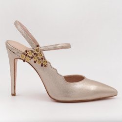 Χειροποίητη γόβα σε χρυσό της άμμου δέρμα με μπρονζέ-χρυσό στρας