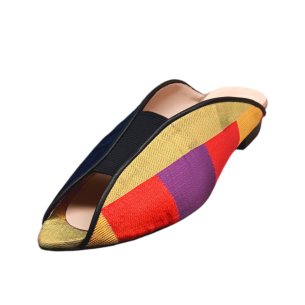 Handmade flat sandals in combination of coloured fabric with blue velvet