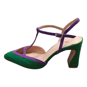 Handmade open-back pumps in a combination of mauve and braided green leather
