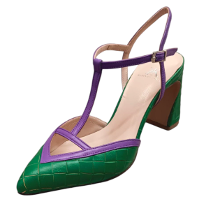 Handmade open-back pumps in a combination of mauve and braided green leather