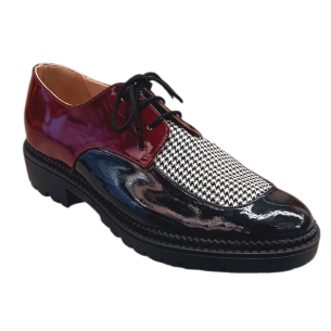 Χειροποίητο δερμάτινο δετό παπούτσι – μαύρο & μπορντό λουστρίνι με pied de poule ΄ύφασμα