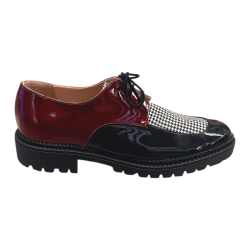 Χειροποίητο δερμάτινο δετό παπούτσι – μαύρο & μπορντό λουστρίνι με pied de poule ΄ύφασμα