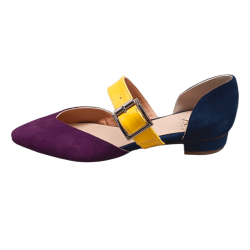Χειροποίητο φλατ παπούτσια με μωβ κ μπλε καστόρι και ζωνακι κίτρινο λουστρίνι