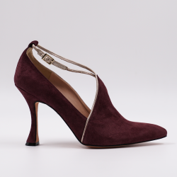 Χειροποίητη γόβα σε συνδυασμό βυσσινί καστόρι με χρυσό της άμμου δερμάτινο φυτίλι  