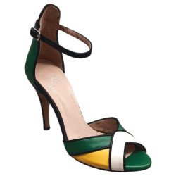 Χειροποίητο δερμάτινο πέδιλο σε κομψό συνδυασμό πράσινου, κίτρινου και λευκού  Διατίθεται σε οποιοδήποτε χρώμα δέρματος, καστόρι ή ύφασμα, καθώς και σε επιθυμητό ύψος τακουνιού.