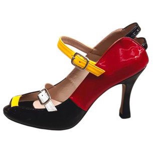 Χειροποίητο δερμάτινο πέδιλο σε συνδυασμό κόκκινου, κίτρινου και μαύρου λουστρίνι