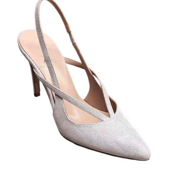 Χειροποίητες νυφικές γόβες open-back από δέρμα λευκό-ασημί-μωβ με λάμψη & σχέδιο ψαροκόκκαλο