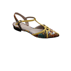 Χειροποίητο φλατ παπούτσι σε συνδιασμό χρωματιστό ύφασμα με κίτρινο δέρμα