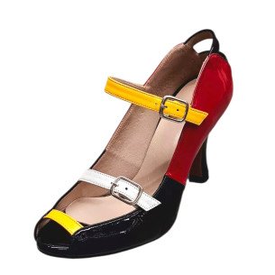 Χειροποίητο δερμάτινο πέδιλο σε συνδυασμό κόκκινου, κίτρινου και μαύρου λουστρίνι