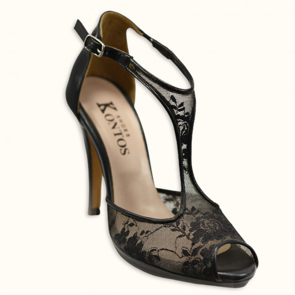 Χειροποίητο βραδινό πέδιλο με μαύρη δαντέλα