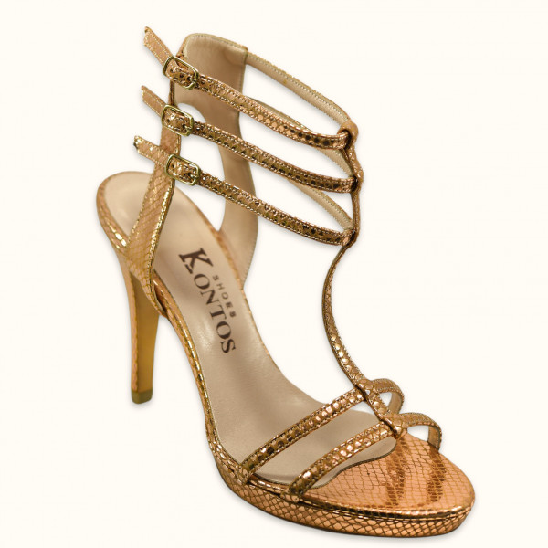 Χειροποίητο πέδιλο σε μπρονζέ δέρμα με ανάγλυφο μοτίβο φιδιού