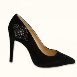 Χειροποίητη δερμάτινη γόβα σε μαύρο καστόρι, μαύρο διακοσμητικό στρας