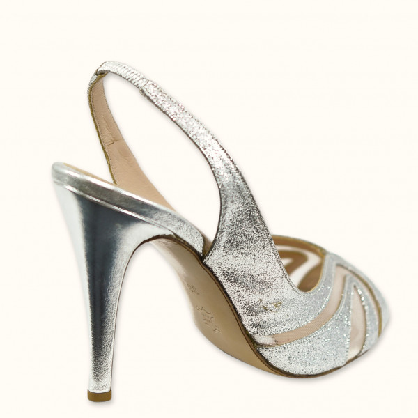 Handmade bridal peep toe in silver glitter fabric