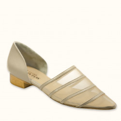 Xειροποίητο φλατ παπούτσι ιβουάρ δέρμα και μπεζ φιλτιρέ