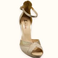 Χειροποίητο νυφικό peep toe με ιβουάρ δέρμσ κσι ροζ χρυσό γκλίτερ