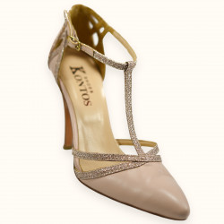 Χειροποίητη γόβα σε ροζ περλέ δέρμα & ροζ γκλίτερ ύφασμα