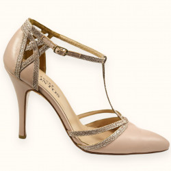 Χειροποίητη γόβα σε ροζ περλέ δέρμα & ροζ γκλίτερ ύφασμα