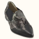 Handmade flat shoe in combination of black leather with black & white snake pattern 