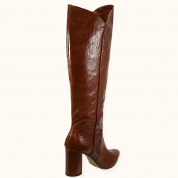 Χειροποίητη μπότα μέχρι το γόνατο σε καφέ δέρμα, με καφέ σταμπωτό δέρμα