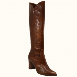 Χειροποίητη μπότα μέχρι το γόνατο σε καφέ δέρμα, με καφέ σταμπωτό δέρμα