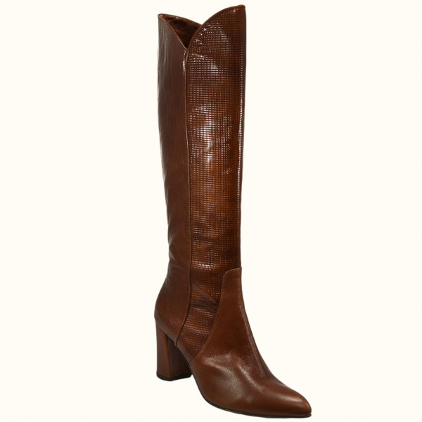 Χειροποίητη μπότα μέχρι το γόνατο σε καφέ δέρμα, με καφέ σταμπωτό δέρμα