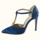 Handmade heels in blue crepe satin fabric with silver strass decorative