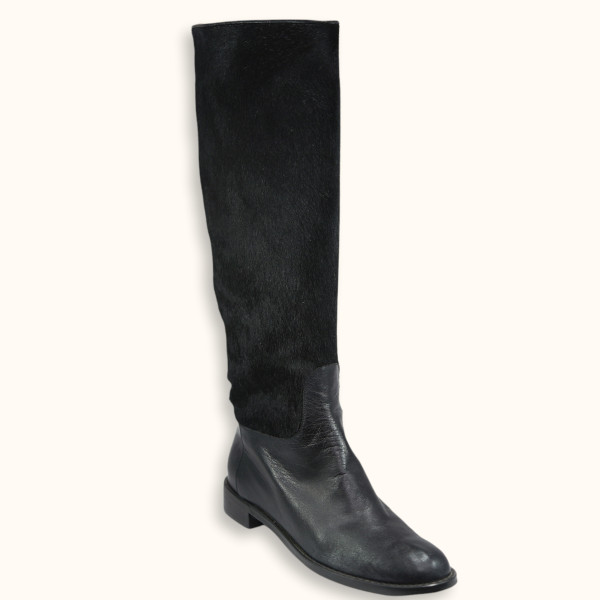 Handmade black ponny skin leather boots, no zipper