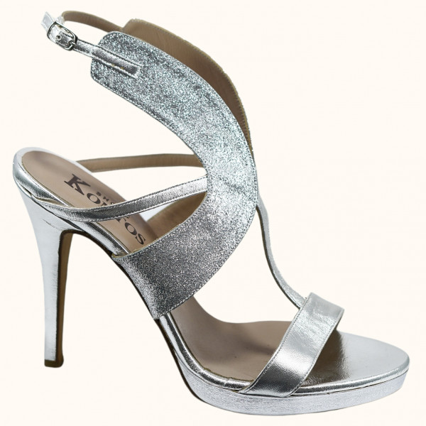 Handmade bridal sandals in metallic silver leather and silver glitter