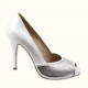 Handmade peep toe heels in off white leather with silver glitter fabric