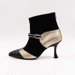 Χειροποίητο μποτάκι αστραγάλου, συνδυασμός μαύρου δέρματος με μαύρο καστόρι και χρυσό γκλίτερ ύφασμα 