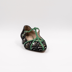 Χειροποίητο φλατ παπούτσι σε συνδιασμό ύφασμα με πράσινο δέρμα